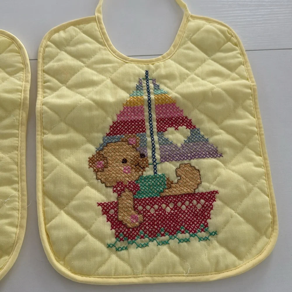 Vintage Cross Stitch Bid Bear Rocking Horse Sailboat Handmade 70s Yellow Quilted